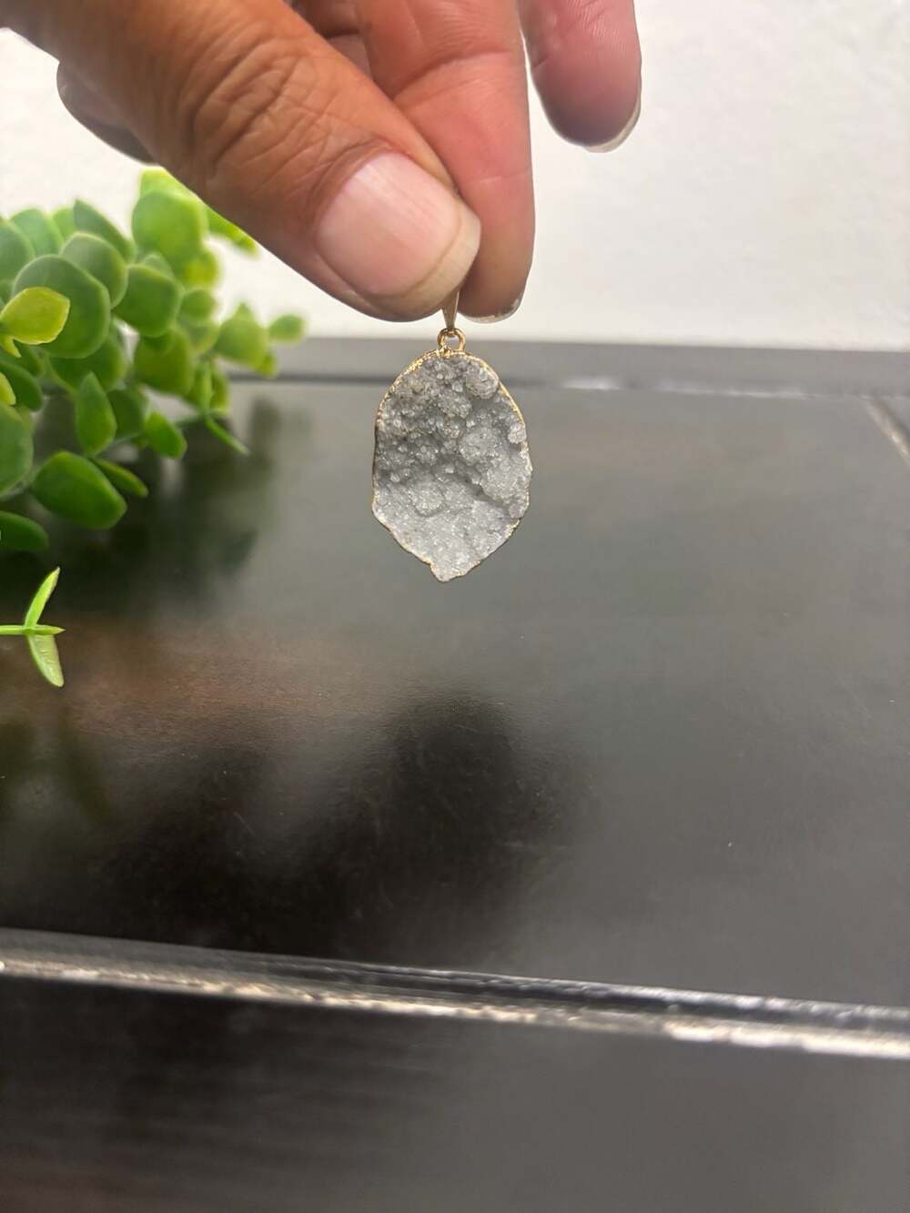 Natural Gray Druzy Agate Pendant with Gold Plated Edge